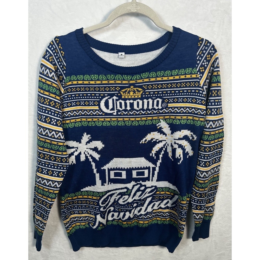 Corona‎ Beer Feliz Navidad Sweater Long Sleeves Palm Trees Blue Christmas Small